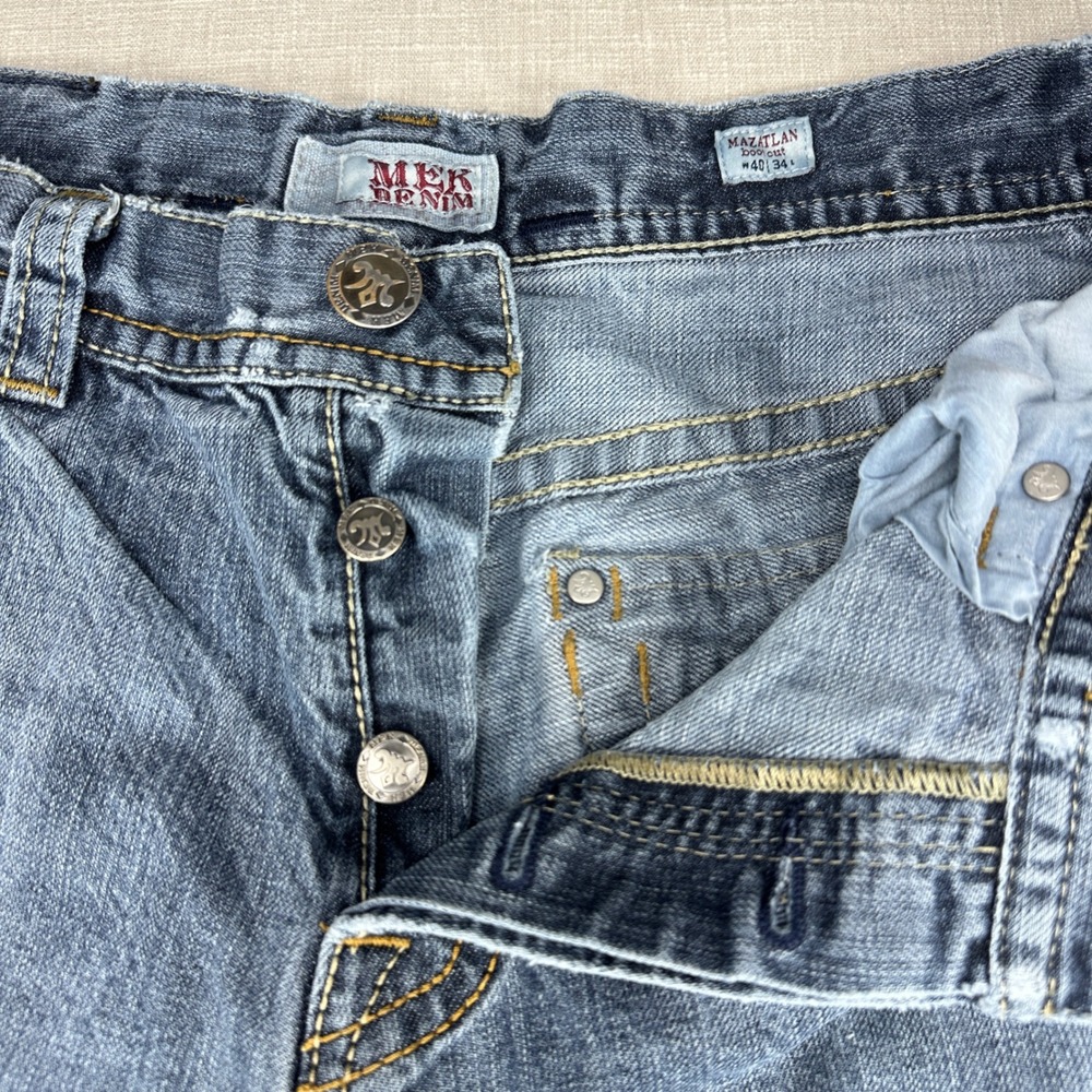 MEK Denim Mazatlan Jeans Mens 40 Blue Bootcut Distressed Embroidered Button Fly - Picture 6 of 16